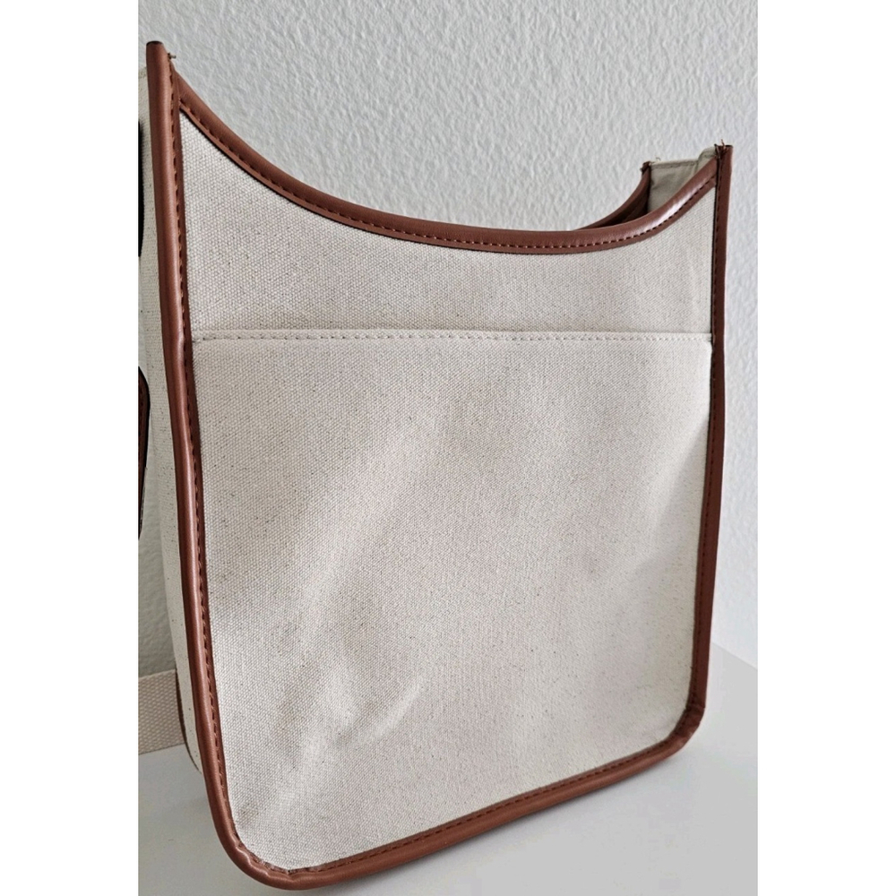 RAE DUNN BE KIND Shoulder Strap Satchel Tan Canvas Brown Leather - Very Clean - Picture 7 of 13